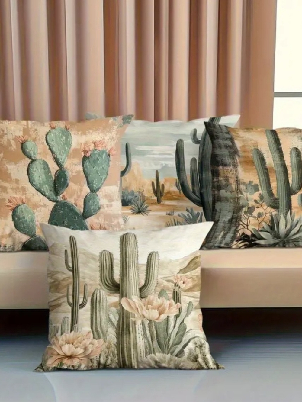 Desert Bloom Cactus Accent Throw Pillow Covers - Sage & Beige SET OF 4